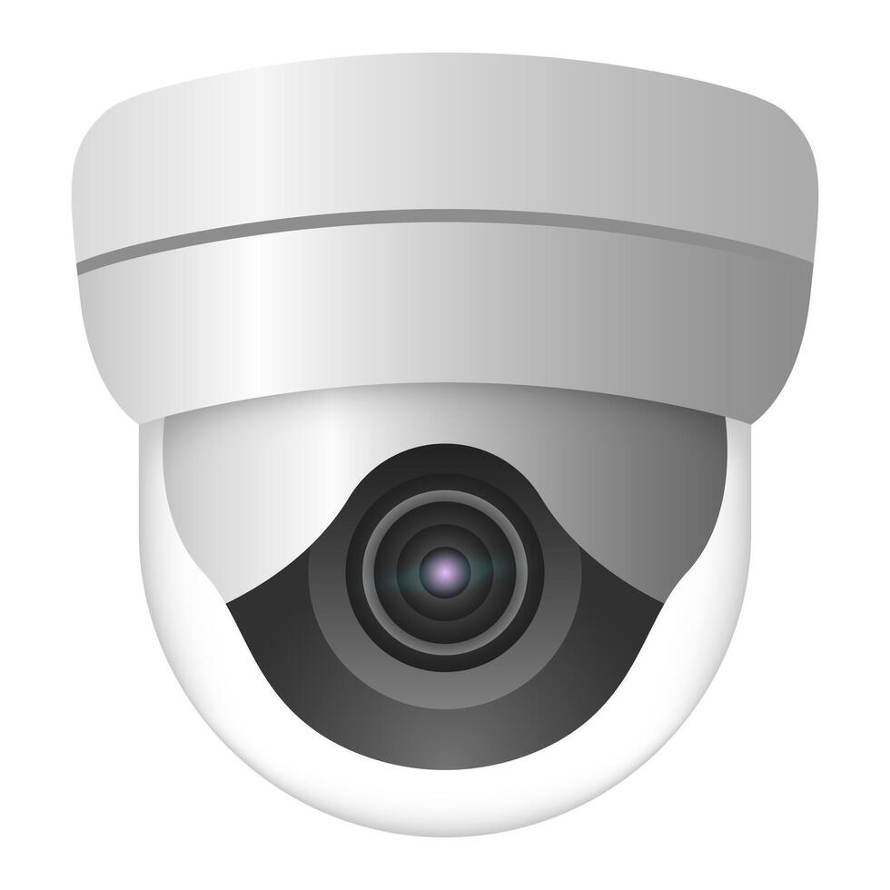 Illustration of a dome security camera with a lens and white casing isolated on a white background. Modern surveillance and safety concept vector