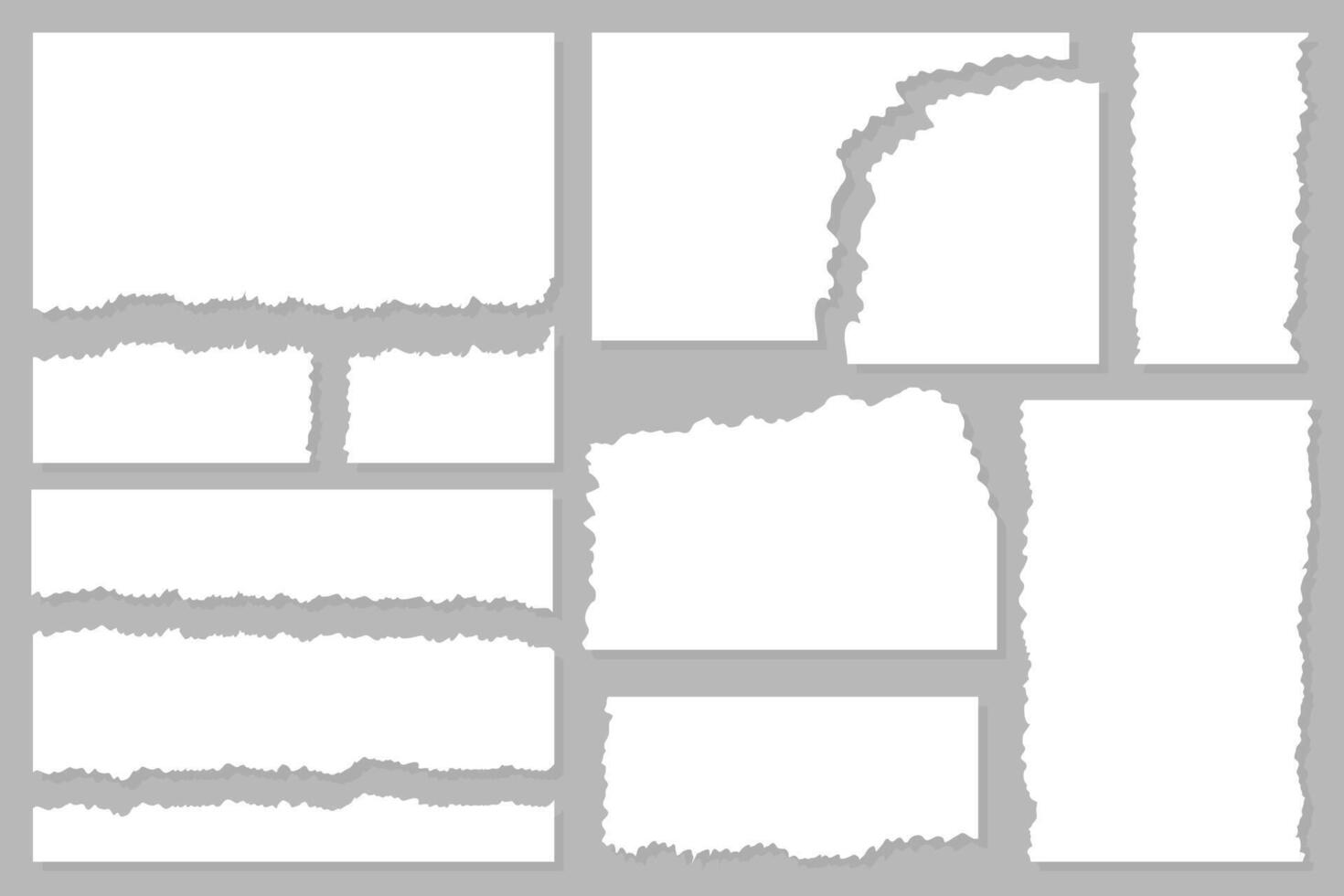 Collection of torn paper shapes with jagged edges arranged on a gray background. Abstract collage and scrapbook design template vector