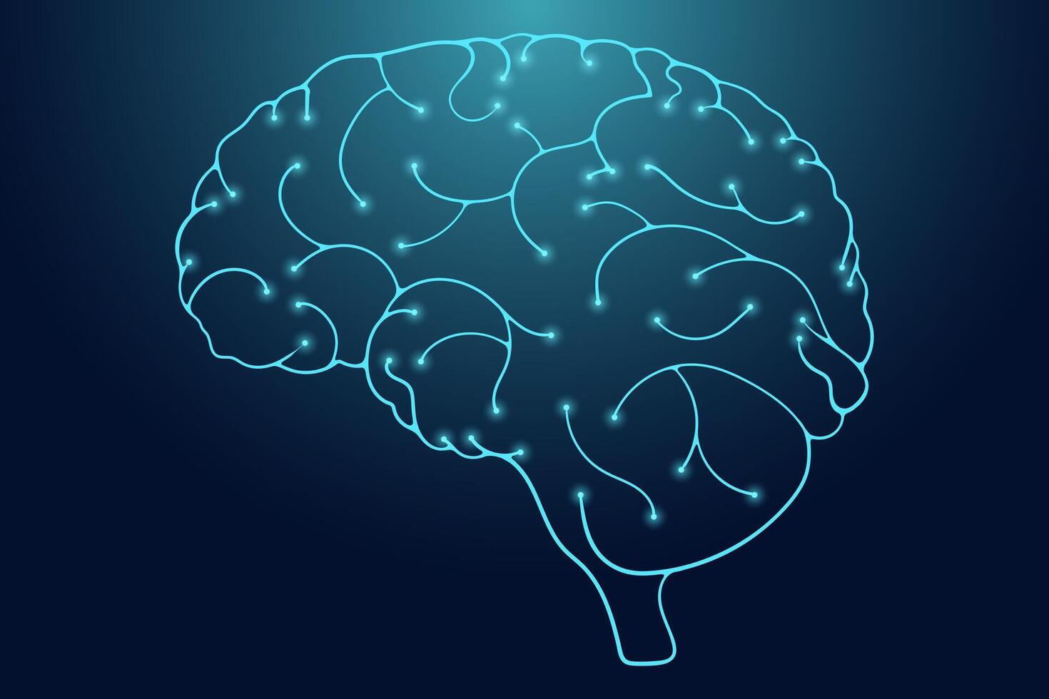 Glowing neon outline of a human brain with neural connections on a dark gradient background. Futuristic illustration for AI, technology, and neuroscience concepts vector