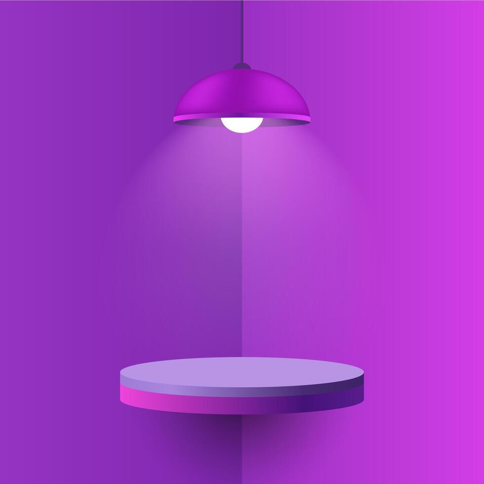 Purple pendant lamp illuminating a round floating shelf. Minimalistic interior design with soft shadows and warm light, cozy atmosphere, mockup design with spotlight effect vector