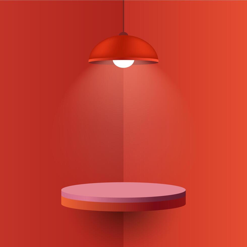 Red pendant lamp illuminating a round floating shelf. Minimalistic interior design with soft shadows and warm light, cozy atmosphere, mockup design with spotlight effect vector
