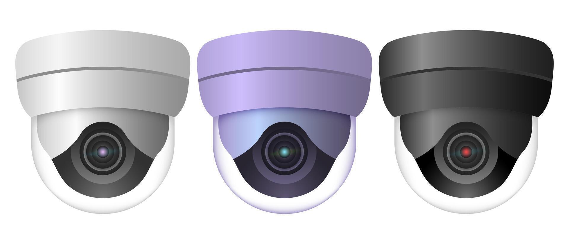 Three dome security cameras in gray, purple, and black color. Digital illustration isolated on white background. Surveillance and monitoring concept for banners, posters, and design templates vector
