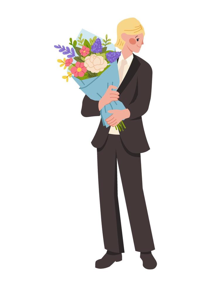 Man with flowers. Blond groom in black suit holds bouquet of flowers. Flat character vector