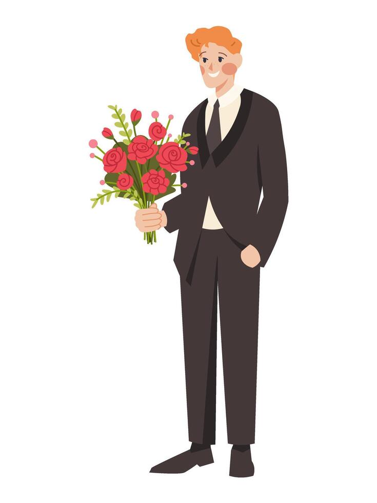 Tall man with flowers. Groom in black suit holds bouquet of roses. Flat character vector