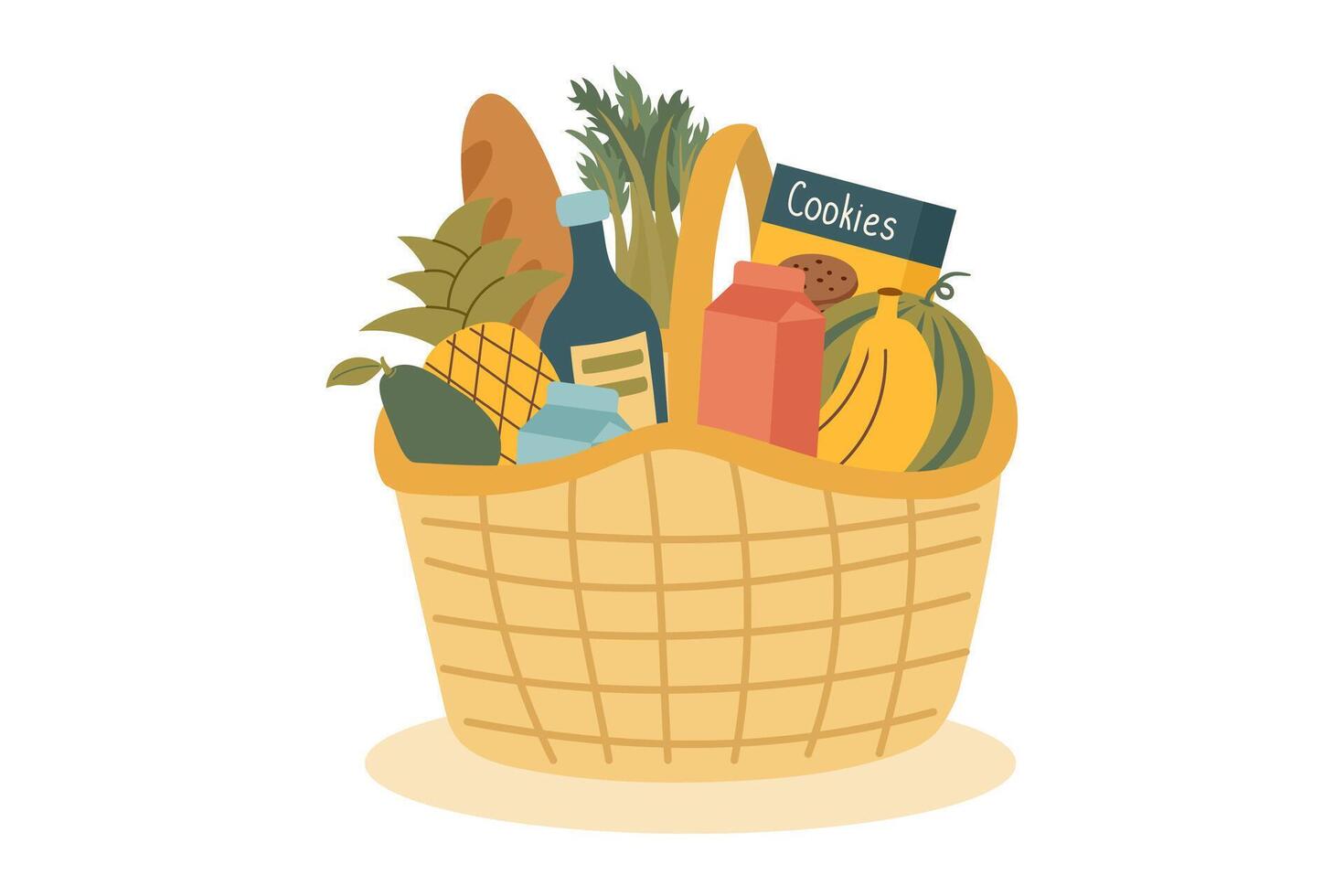 A basket with food isolated on white background. Concept of food, shopping, delivery, picnic. vector