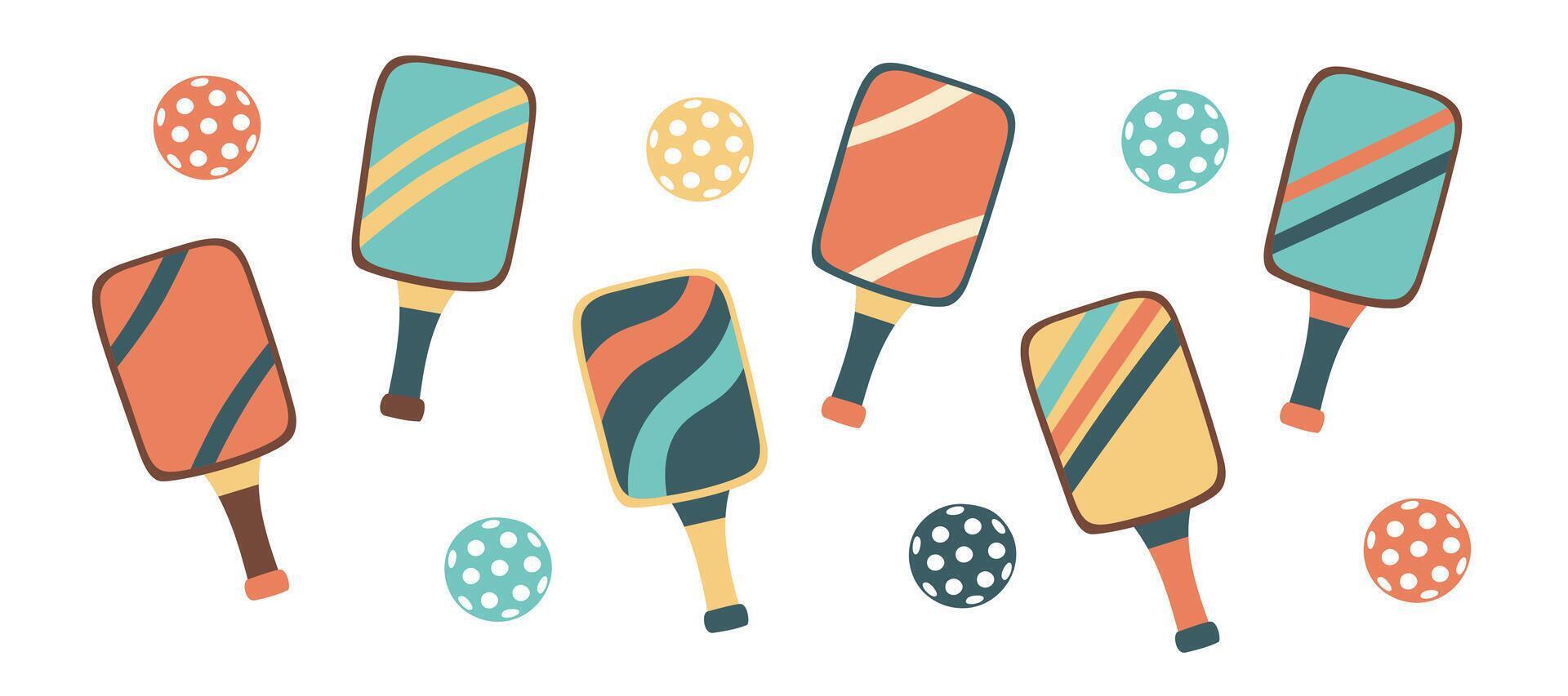 Set of pickleball paddles and balls isolated on white. Concept of sport, activities, hobbies, leisure, healthy lifestyle. vector