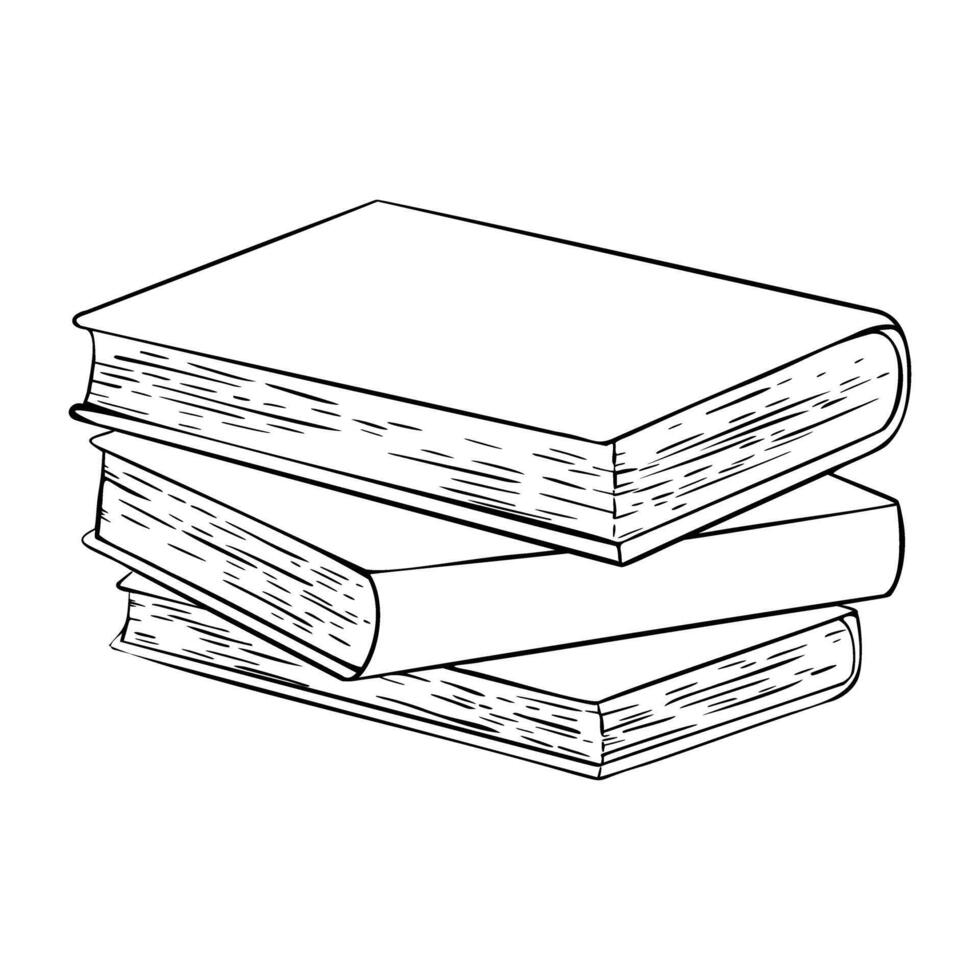 Stack of Books painted by black inks in outline style. Hand drawn illustration Drawing of school Textbook and Notebook. Pile vintage spell books and fairytale Etching of paper diary vector