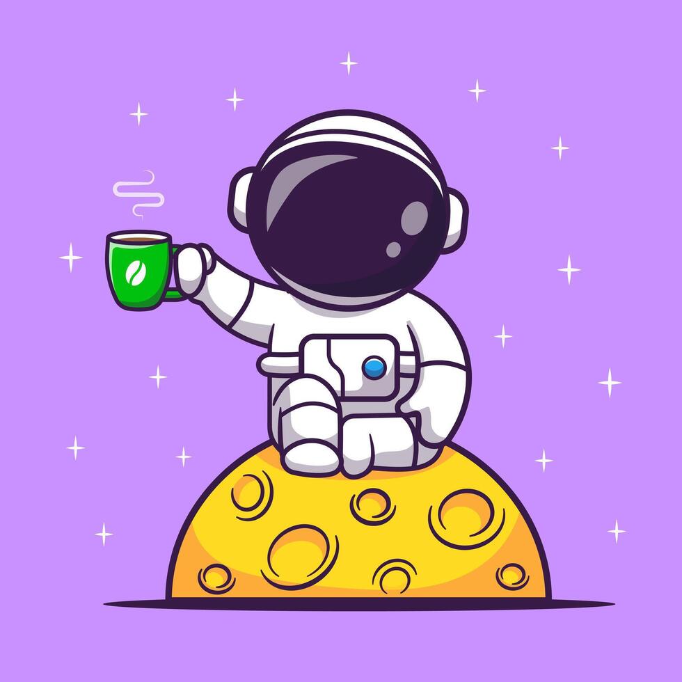 Cute Astronaut Drinking Coffee On Moon In Space Cartoon vector