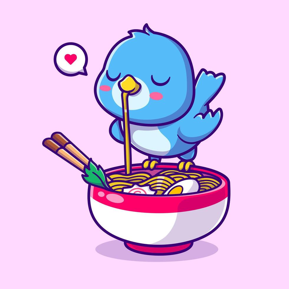 Cute Bird Eating Ramen Noodle Cartoon vector