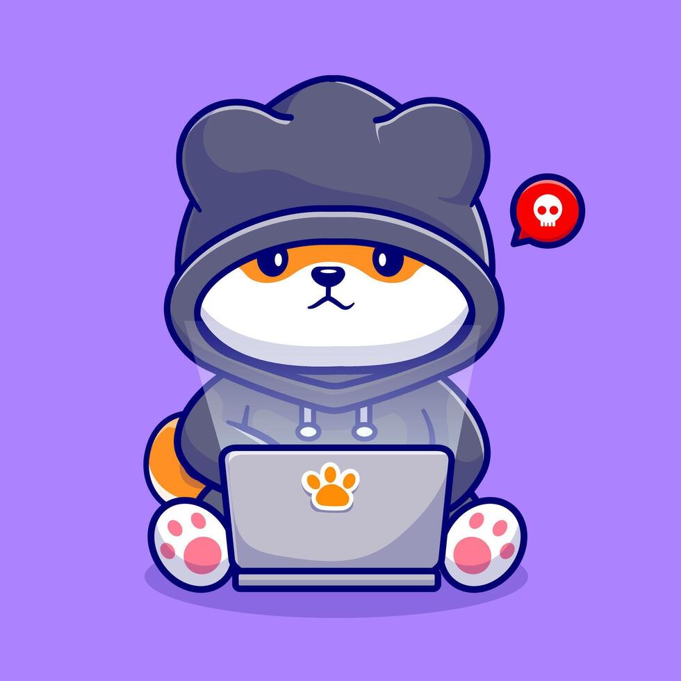 Cute Shiba Inu Dog Hacker Operating Laptop Cartoon vector