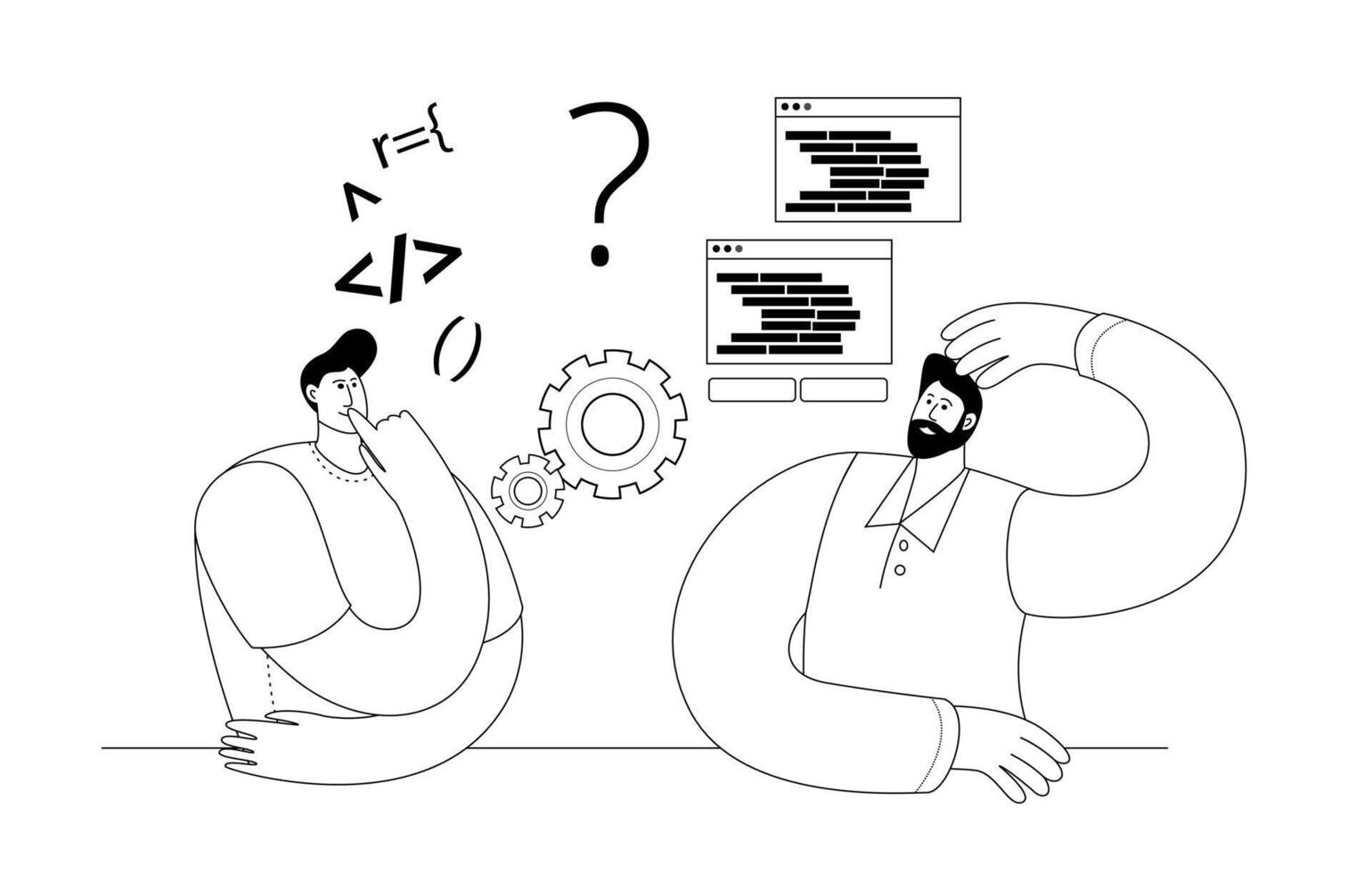 Developers looking thoughtfully at the code. vector