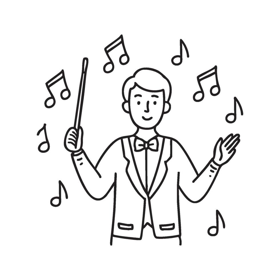 A male conductor giving instructions with a baton to an orchestra, surrounded by musical notes vector