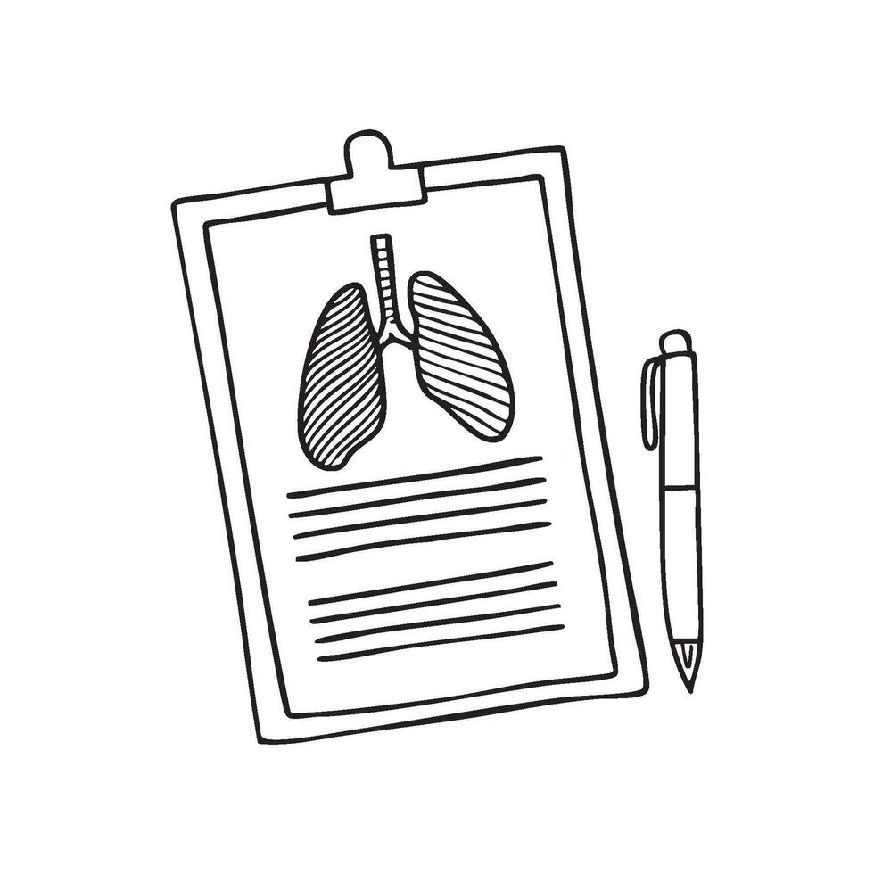 A medical report and pen with an image of a chest X-ray scan attached vector