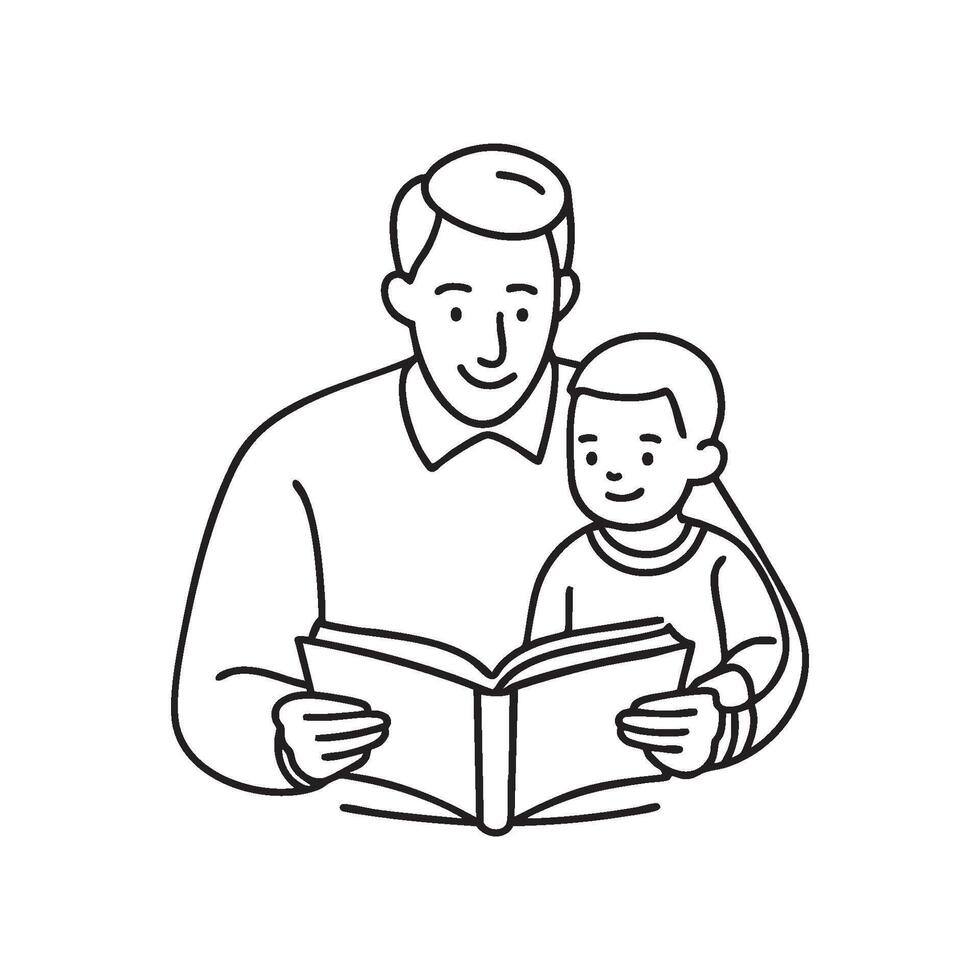 A father reading a storybook, and his child showing interest, listening attentively vector
