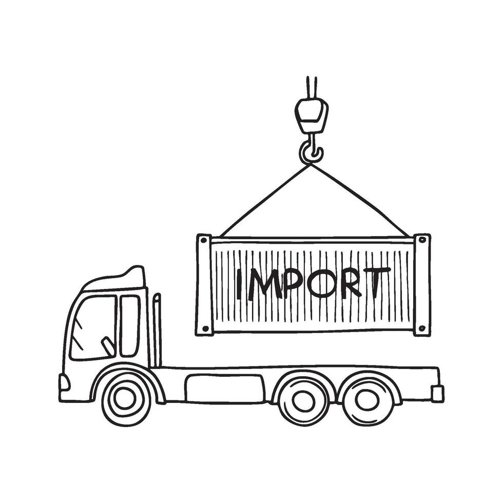 A crane lifting a shipping container labeled IMPORT from truck vector