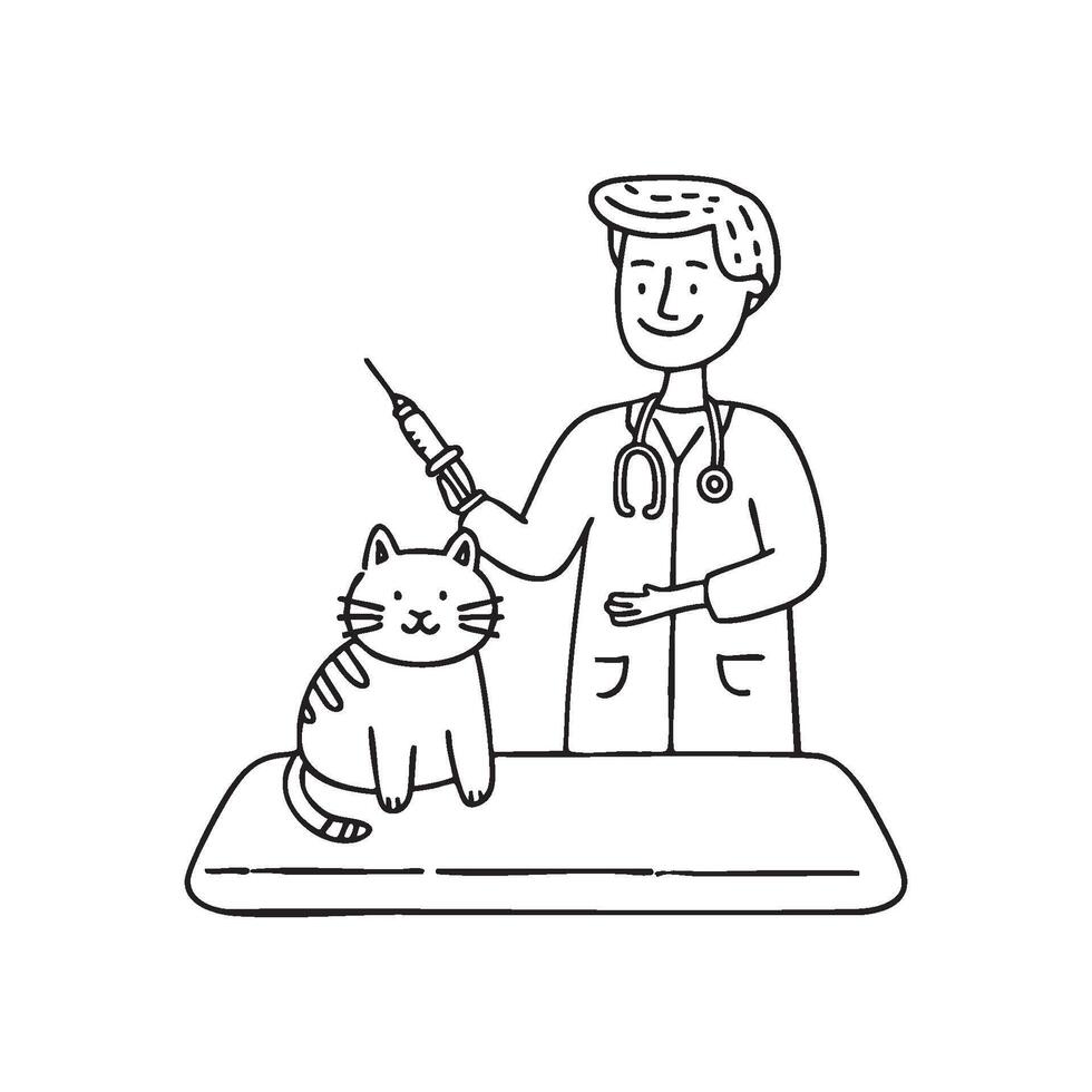 A veterinarian holding a syringe, ready to give an injection to a cat on table vector