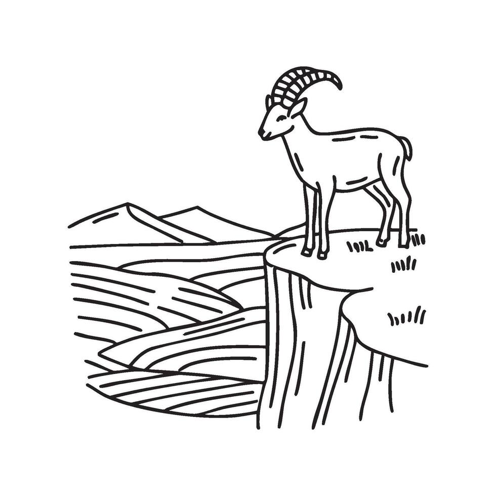 An ibex standing on a steep cliff, gazing over the valley below vector