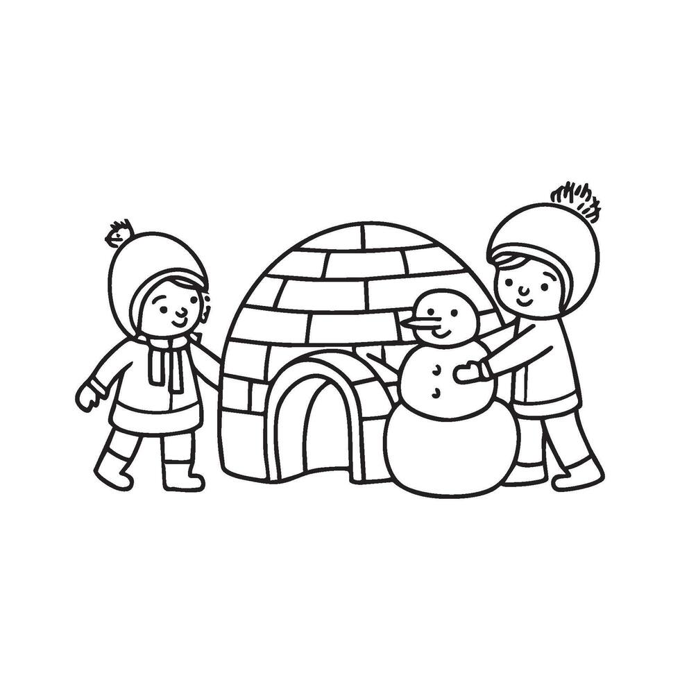 A children build snowman beside an igloo vector