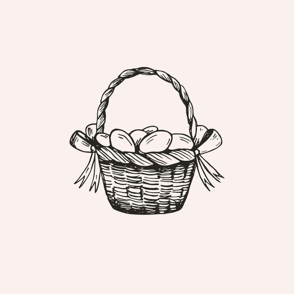 Hand drawn sketch of festive Easter straw craft basket with eggs for text. Design of congratulations on the Christian and Catholic bright holiday. Engraved paschal illustration for flyer, card vector