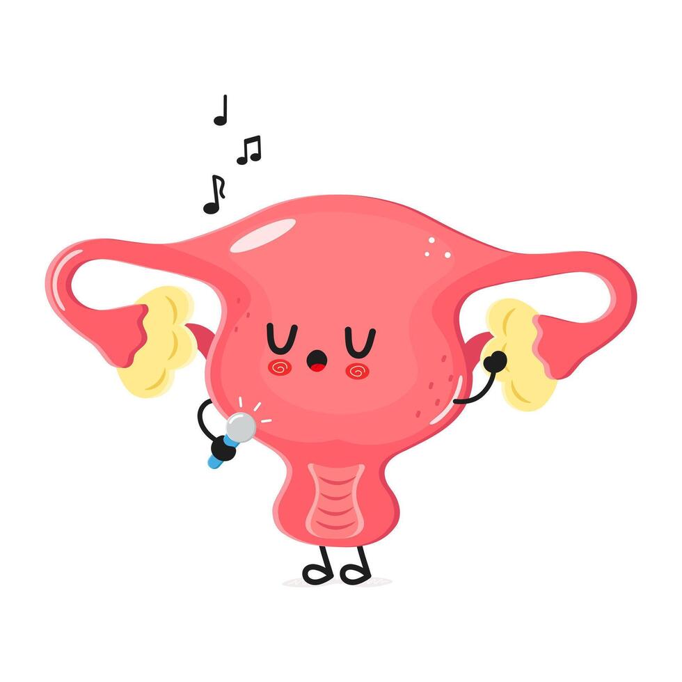 Cartoon uterus character singing happily with musical notes and a microphone in a playful setting vector