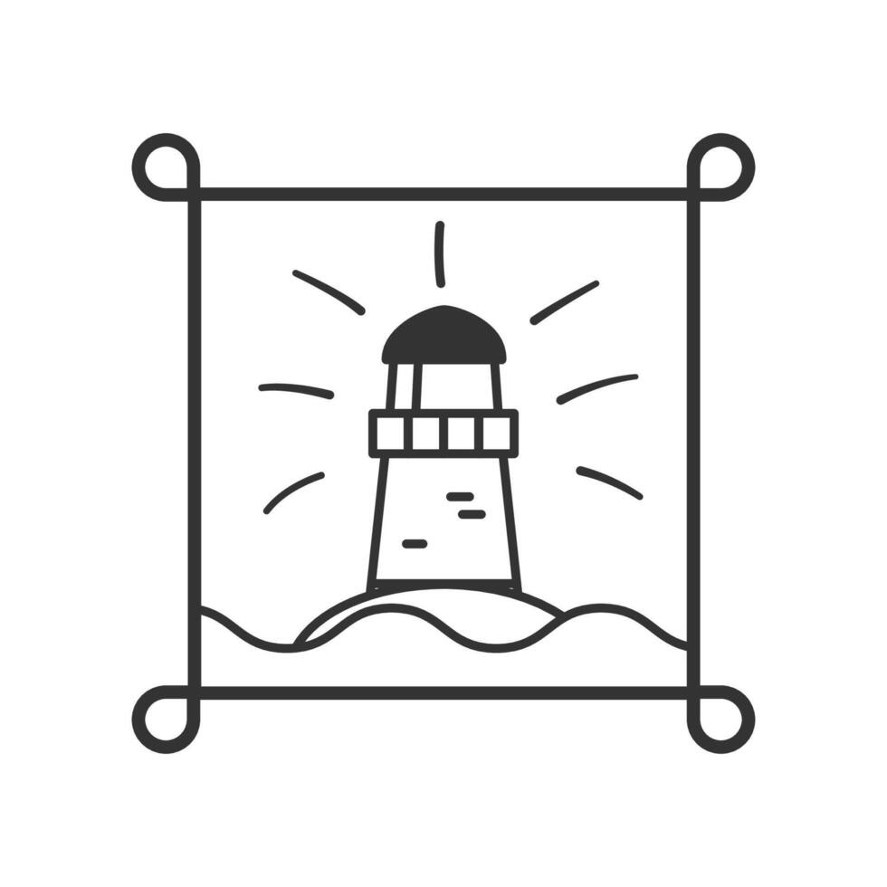 Outline drawing style icon lighthouse on rock in water with light rays on a white background, minimalist design, navigation and guidance concept, direction, save symbol. vector