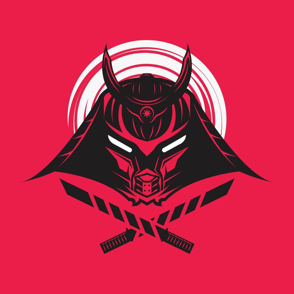Robotic samurai with crossed blade illustration in vibrant red color vector