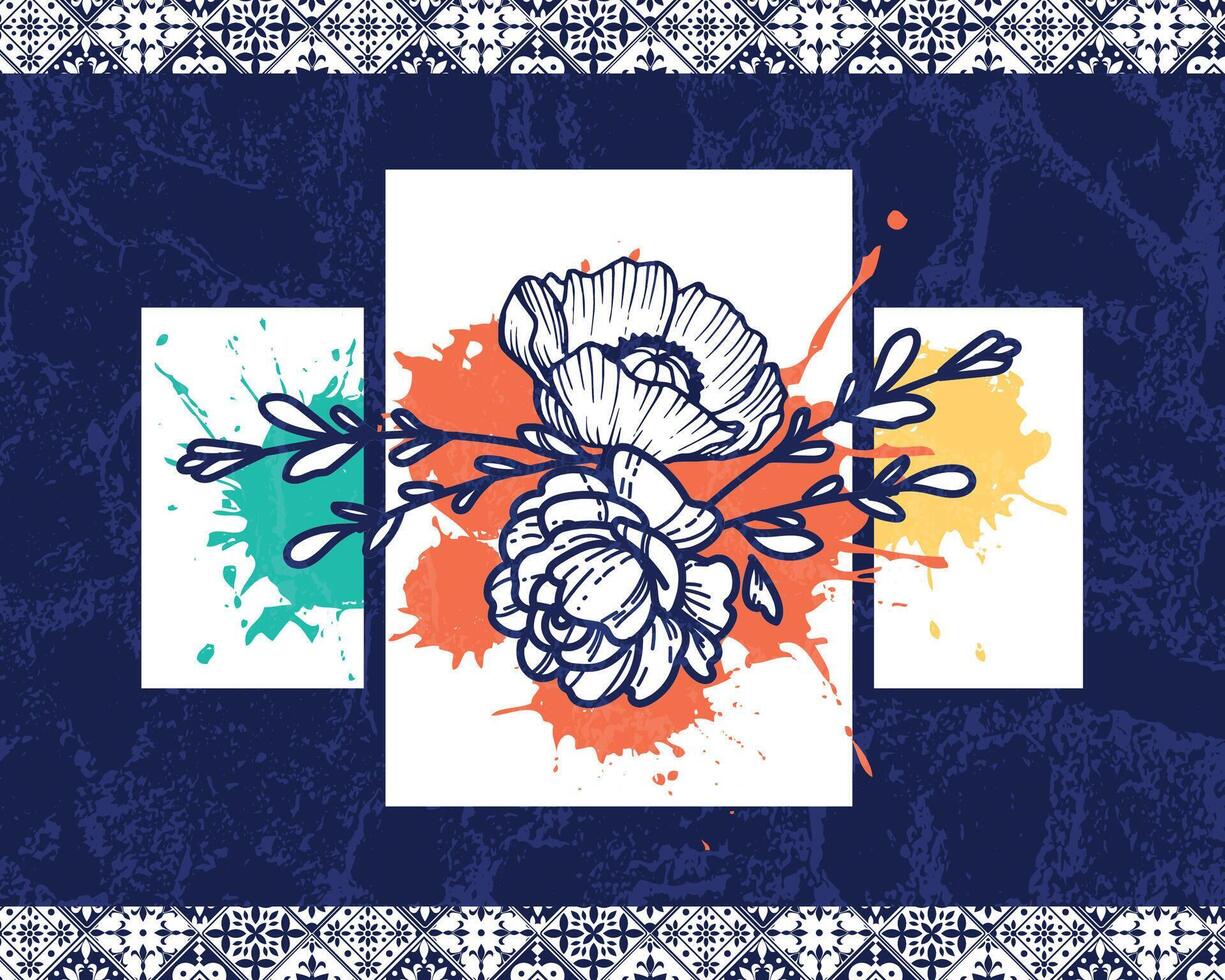 Colorful Floral Artwork with Geometric Border Patterns and Ink Splashes. Vibrant artistic composition featuring sketch-style flowers, dynamic ink splatters, and patterned borders. vector