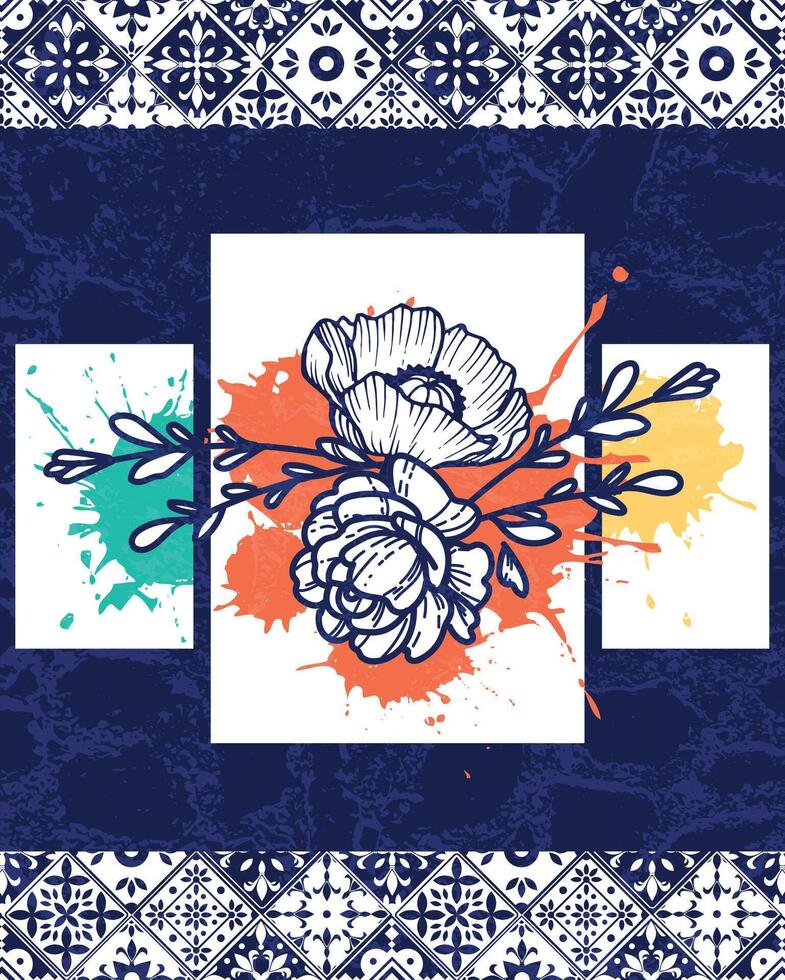 Floral Artwork with Geometric Border Patterns and Ink Splashes. Vibrant artistic composition featuring sketch-style flowers, dynamic ink splatters, and patterned borders. vector