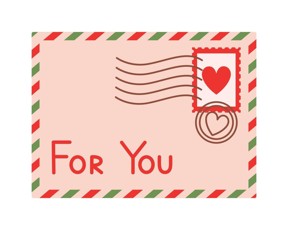 Romantic letter with text For you. Retro paper envelope with postage stamp with heart and seals. Valentines day mail. Wedding invitation. Flat illustration isolated on white background vector