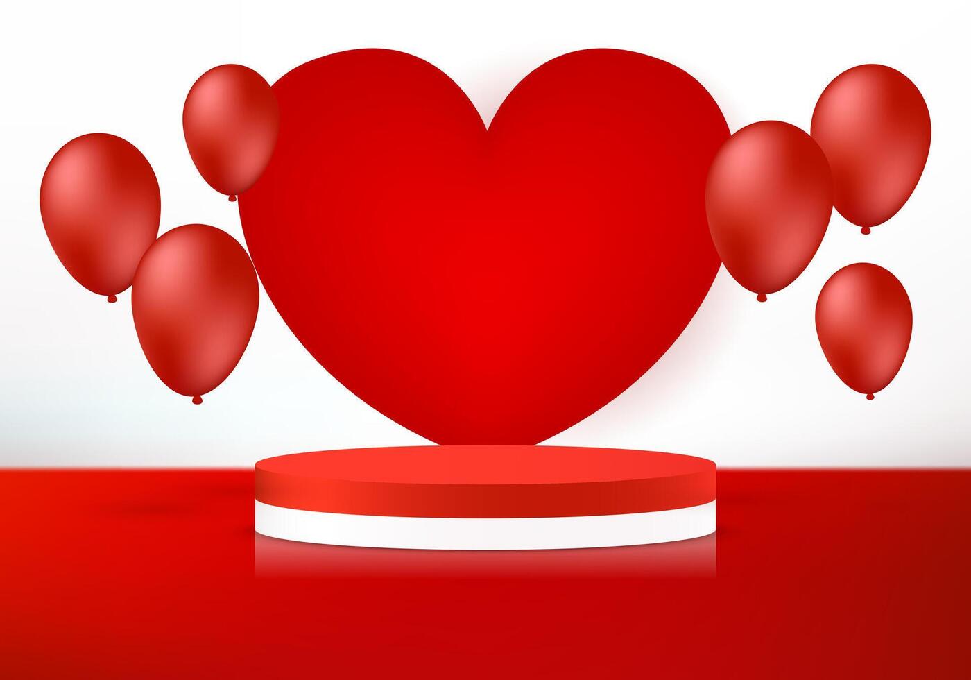 Red background 3d with Heart, balloons and podium. Product display presentation. Space for selling products, backdrop, wallpaper, background, text. illustration. vector