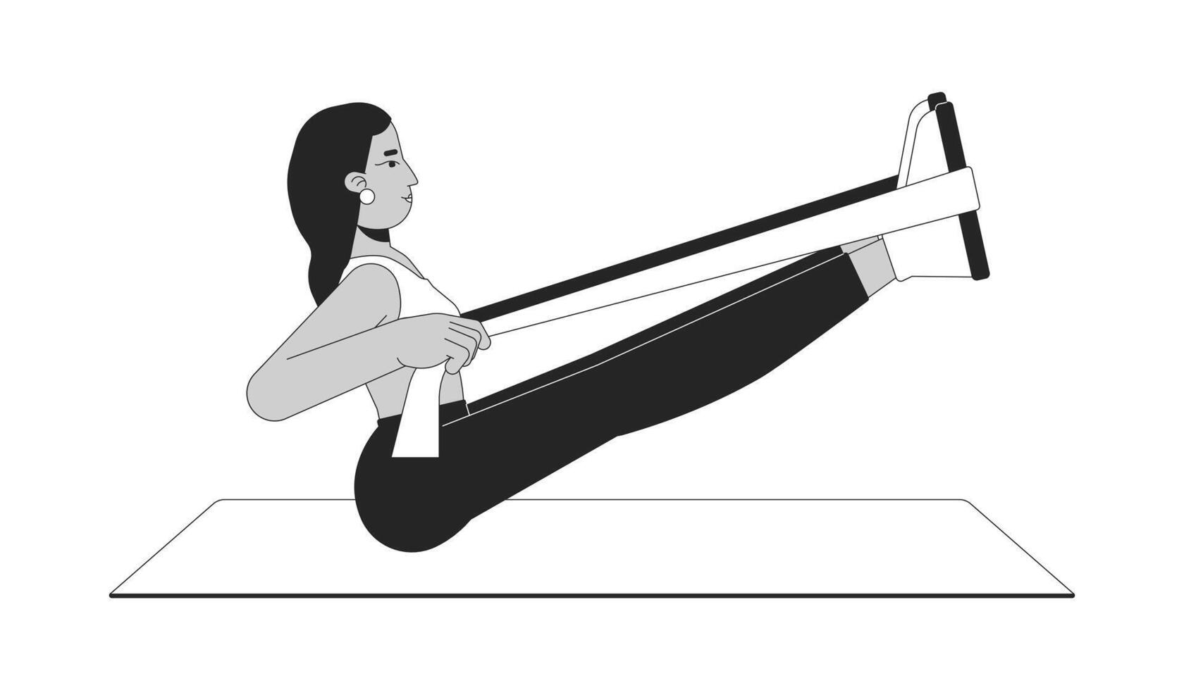 Woman stretching with resistance band on yoga mat linear illustration. Flexibility strength. Middle eastern fitness girl 2D line character isolated on white. Monochrome outline image vector