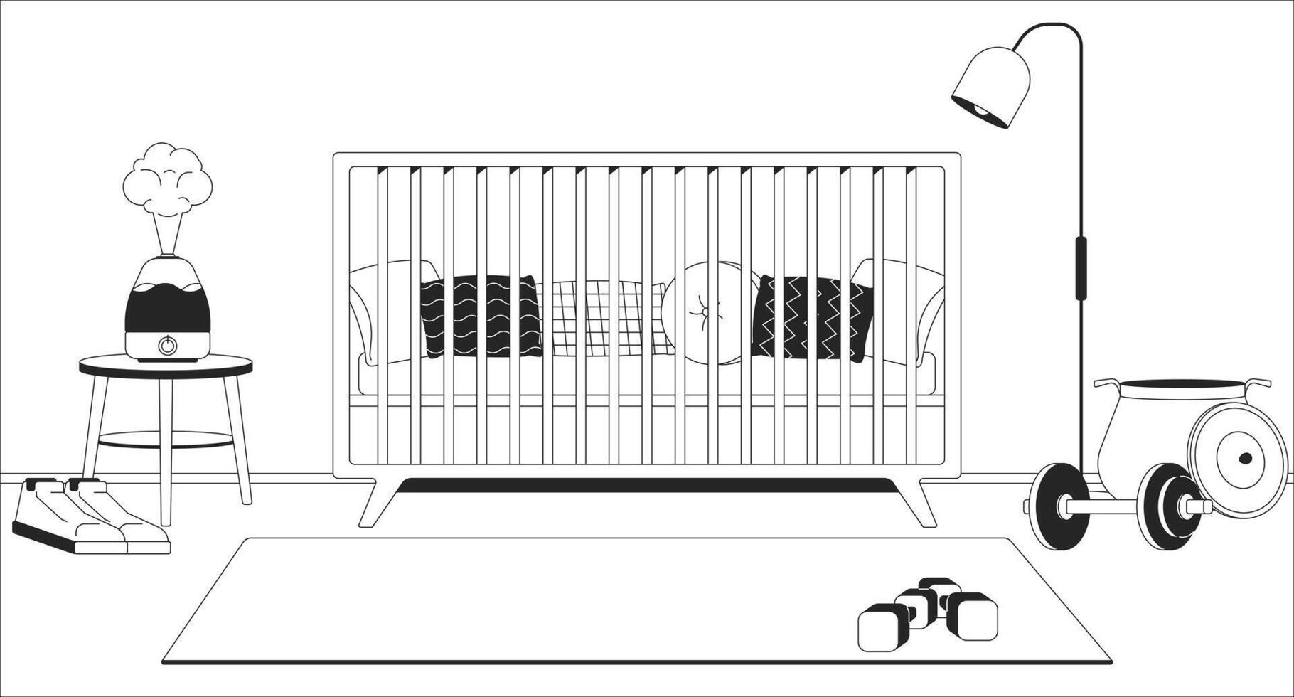 Nursery with fitness equipment black and white line illustration. Crib, humidifier, dumbbells sneakers, toy basket 2D interior monochrome backdrop. Home workout. Baby room with yoga mat outline vector