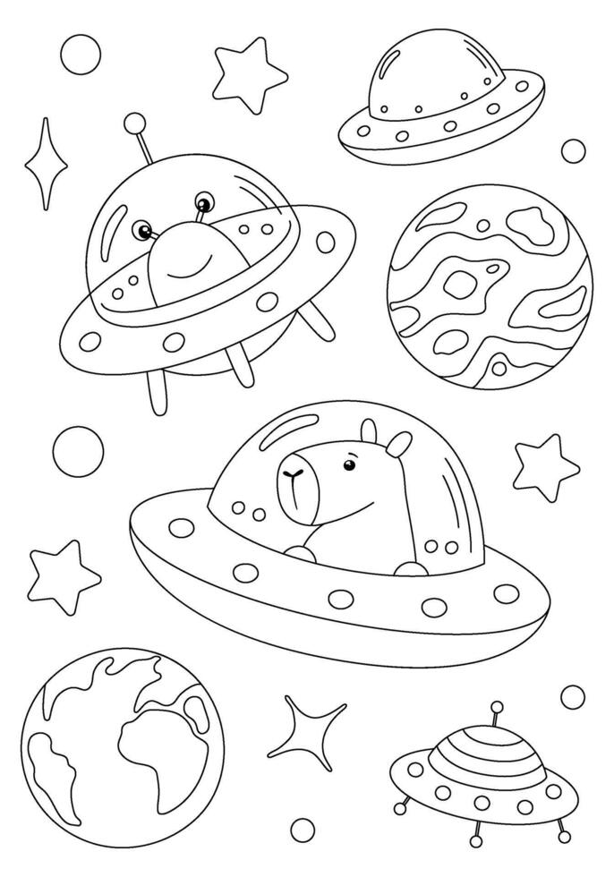 Coloring page with capybara and alien flaying on spaceships. template for children coloring book, print and poster. vector