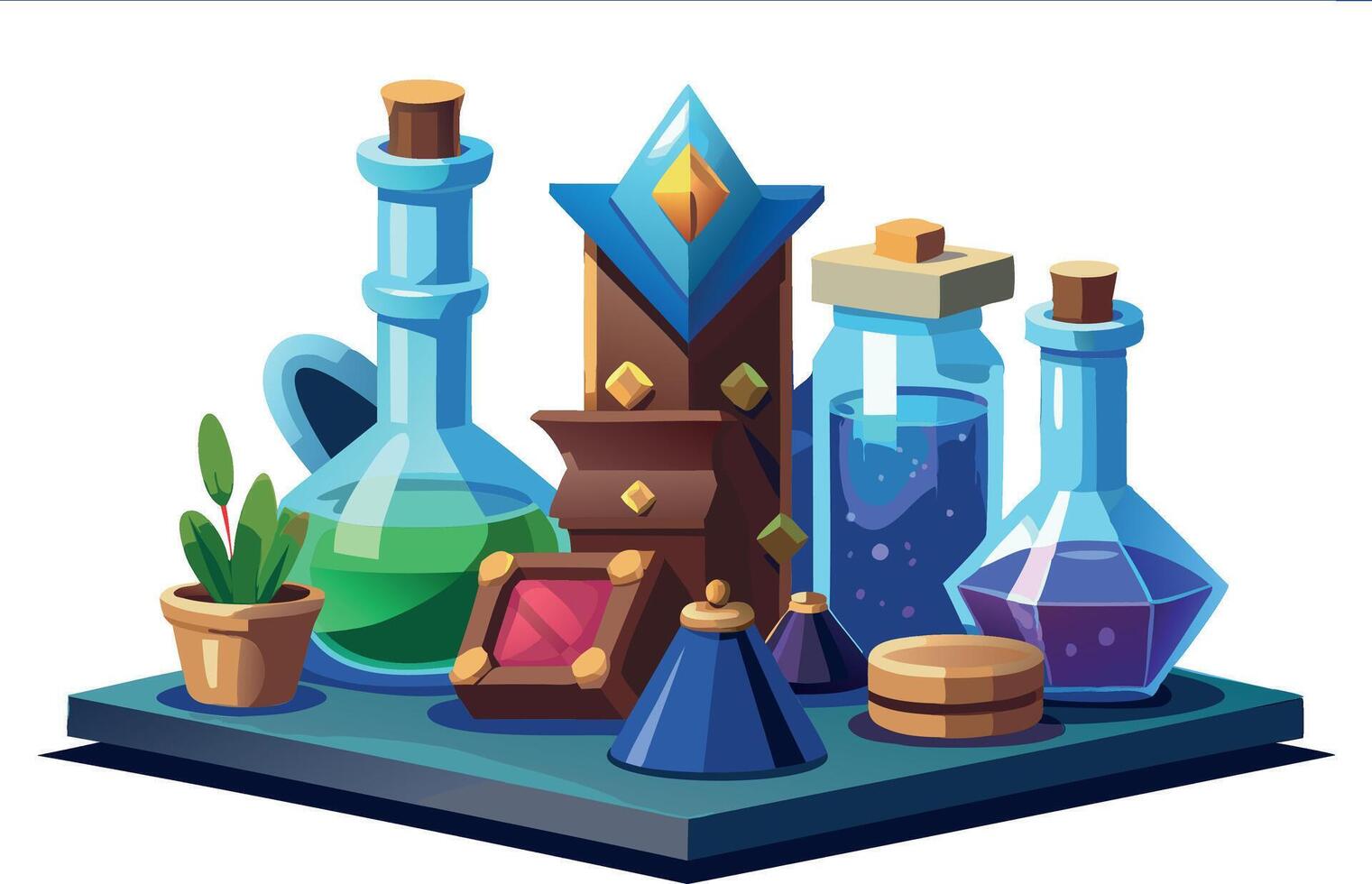 Alchemy table with magic bottle. Occult medieval witchcraft ingredient. Sorcery potion with fairytale elixir. vector