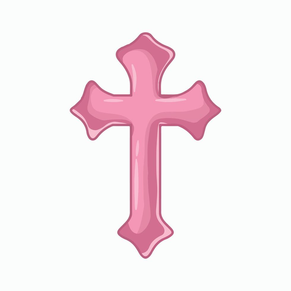 Pink Christian cross icon in cartoon style isolated on white background. Religion symbol illustration vector