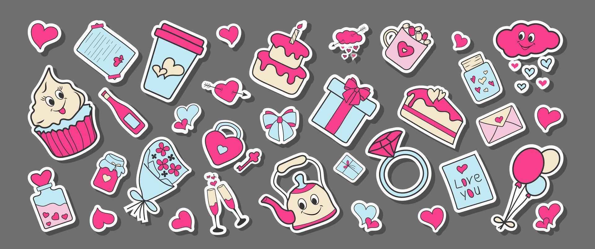 Happy Valentine's Day Y2K Stickers Set. Doodle Love Cute Elements Collection with Eyes. Flat Illustration. Funny Icons Heart, Cupcake, Envelope, Ring, Cloud, Key, Lock, Glasses, Valentines, Bow. vector
