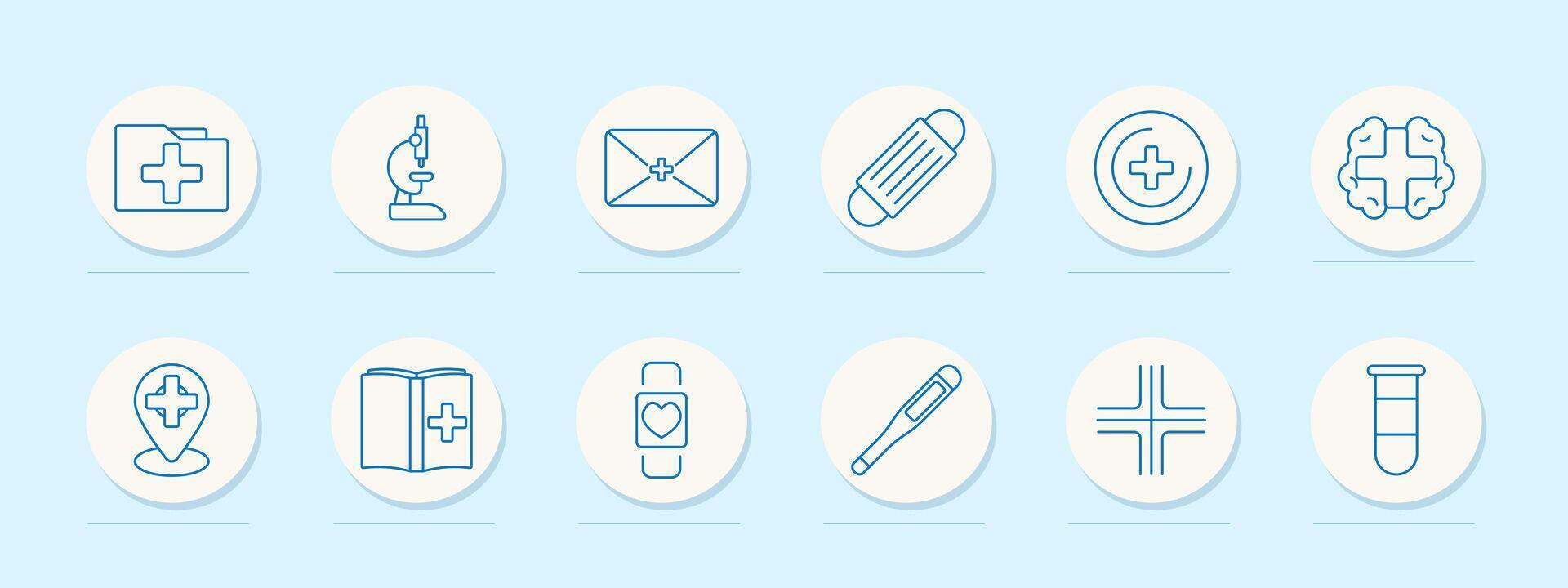 Medical set icon. Health folder, microscope, email, mask, healthcare, location, book, smartwatch, thermometer, cross, test tube vector