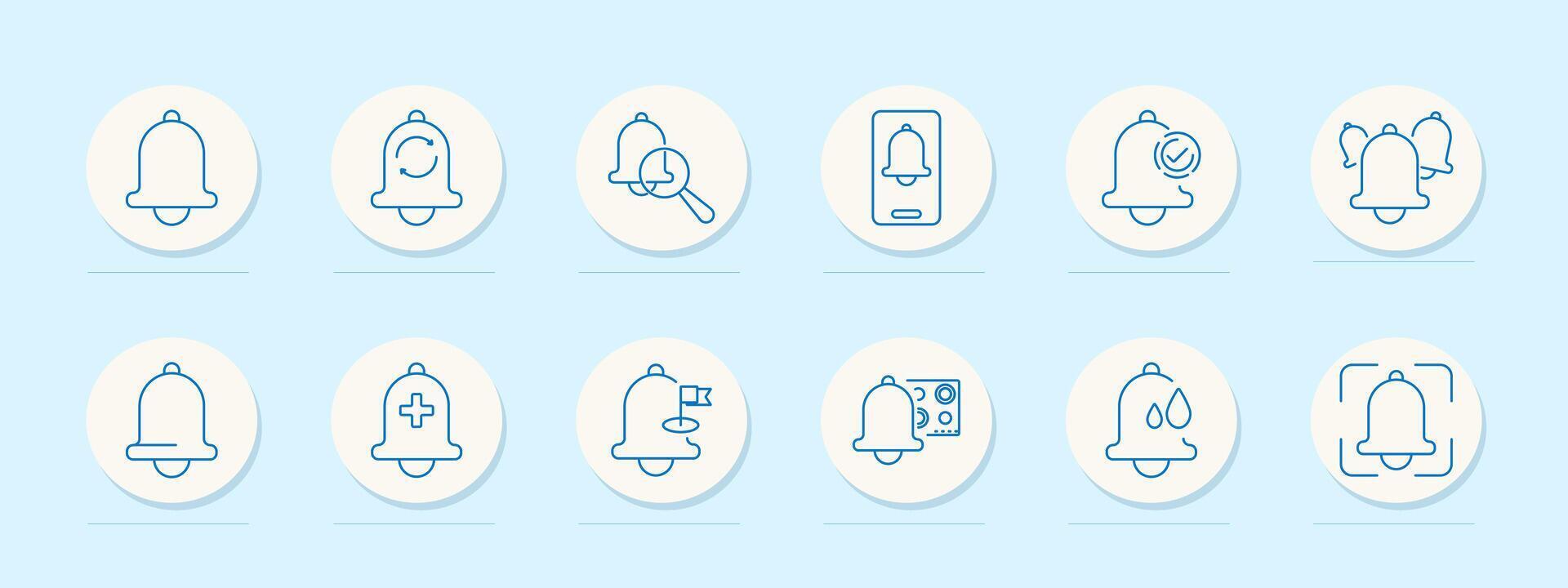 Reminder set icon. Alert, repeat, schedule, mobile notification, sound, bell group, health, flag, automation, leakage, focus vector