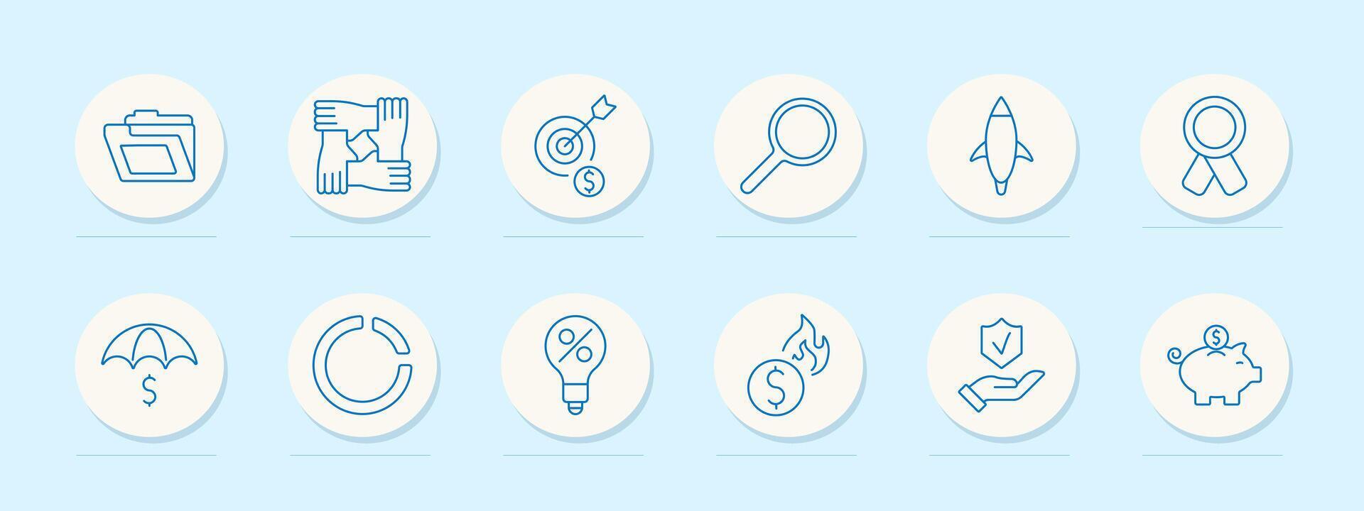 Financial management set icon. Folders, teamwork, investment, analysis, startup, award, insurance, progress, savings, risk management, budget vector