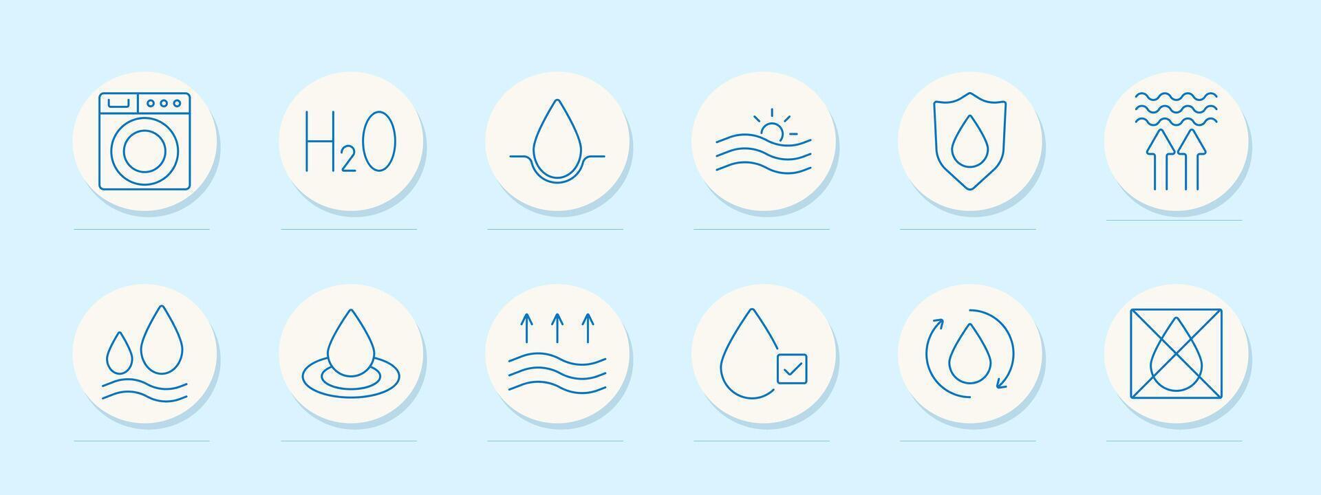 Water management set icon. Washing machine, H2O, drop, waves, protection, filtration, humidity, condensation, quality check, recycling, drying vector