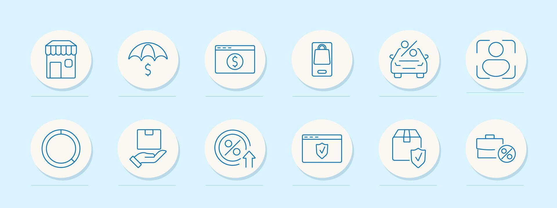 E-commerce set icon. Store, umbrella, webpage, mobile bag, car delivery, customer icon, package, percentage growth, protection shield. Represent online shopping, delivery, and secure transactions vector