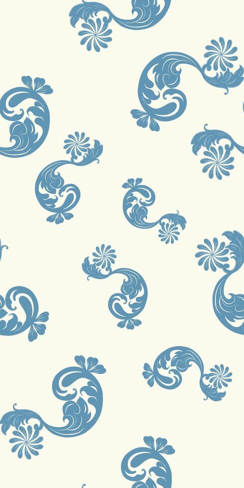 Abstract Combination of Arts and Nature Seamless Paisley Pattern. Flowers and Fish Swimming. For Garment, Fabric, Invitation, Celebration, wallpaper, Paper Wrapping, Prints, hand draw, blue and cream. vector