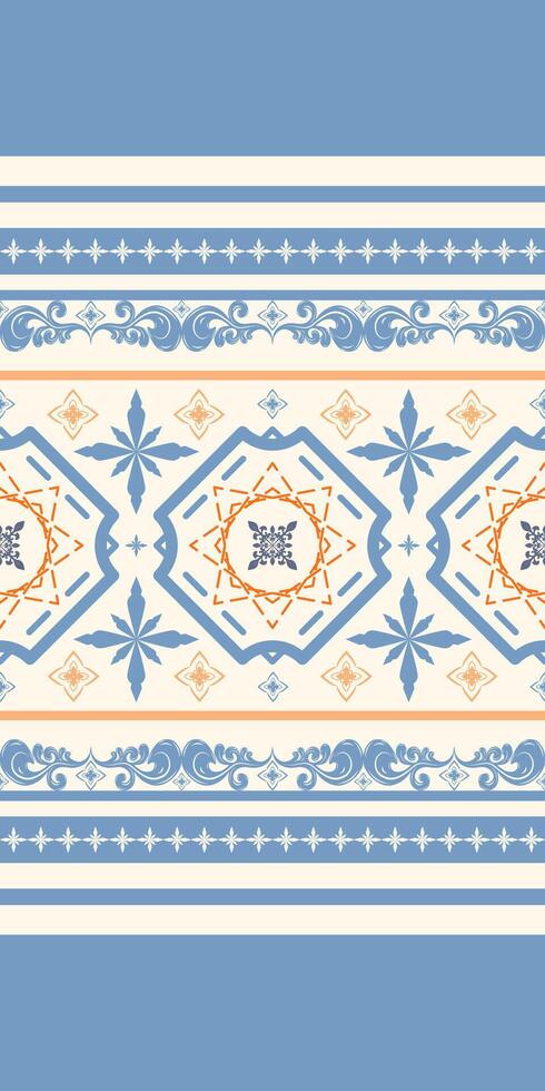 Magnificent Majolica illustration Weaves Embroidery Blue,Orange Ornament on Beige Background. Seamless Pattern Fancy Fleur de lis Geometric Design for Elegant textile design, Bed sheet, Silk Print, vector