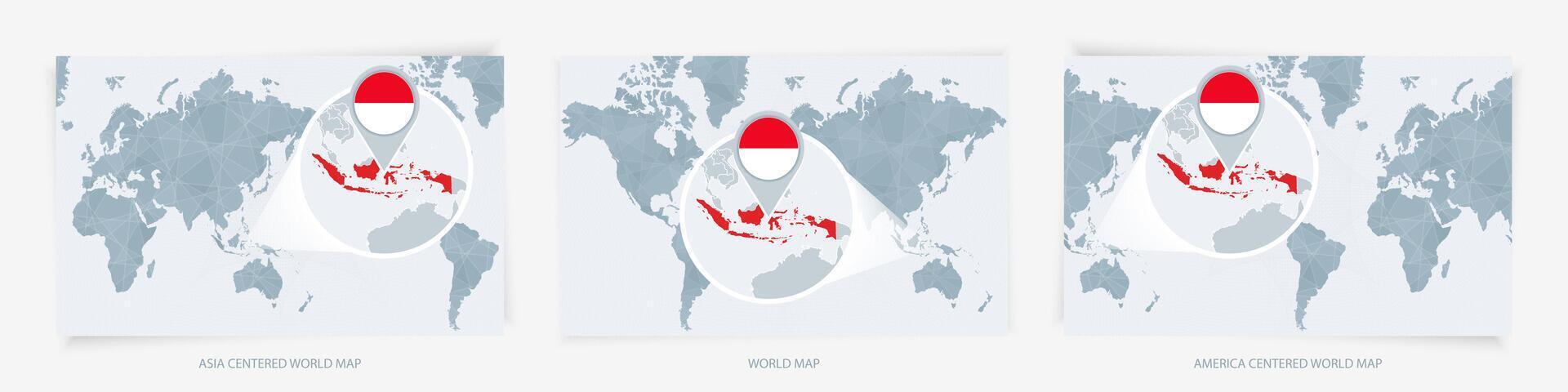 Three versions of the World Map with the enlarged map of Indonesia with flag. vector