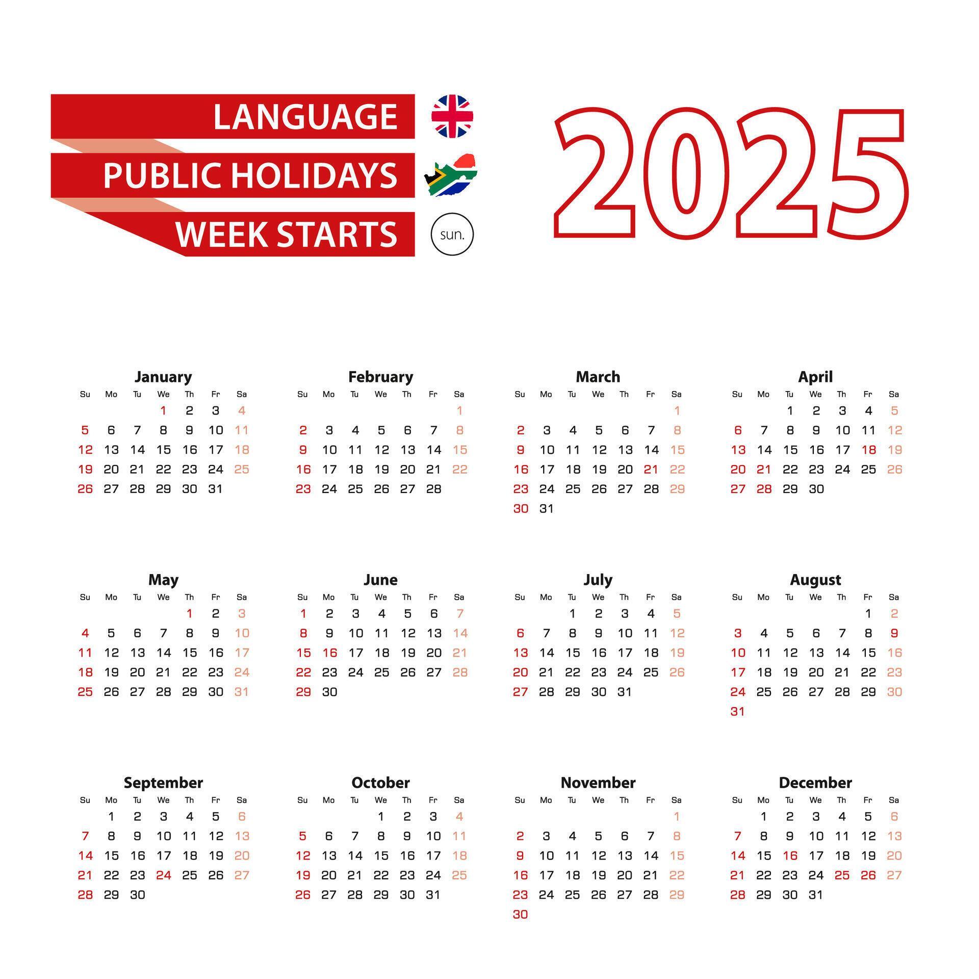 Calendar 2025 in English language with public holidays the country of