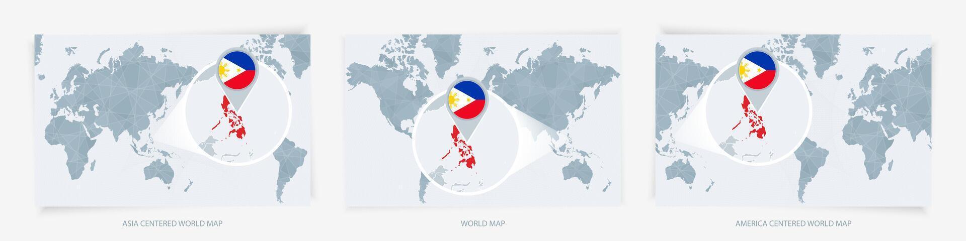 Three versions of the World Map with the enlarged map of Philippines with flag. vector