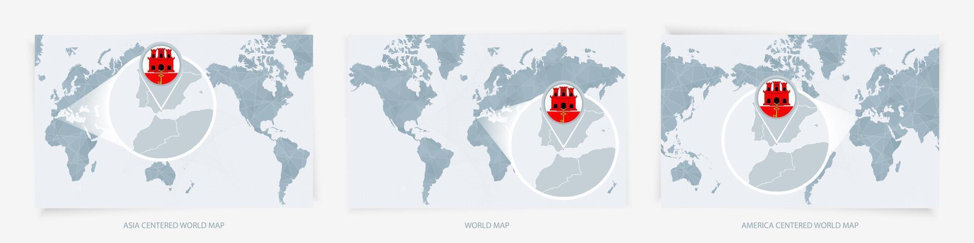 Three versions of the World Map with the enlarged map of Gibraltar with flag. vector
