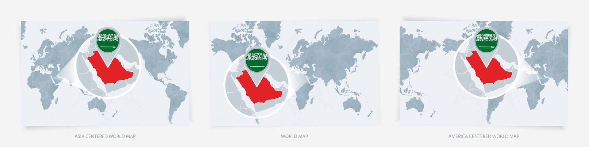 Three versions of the World Map with the enlarged map of Saudi Arabia with flag. vector