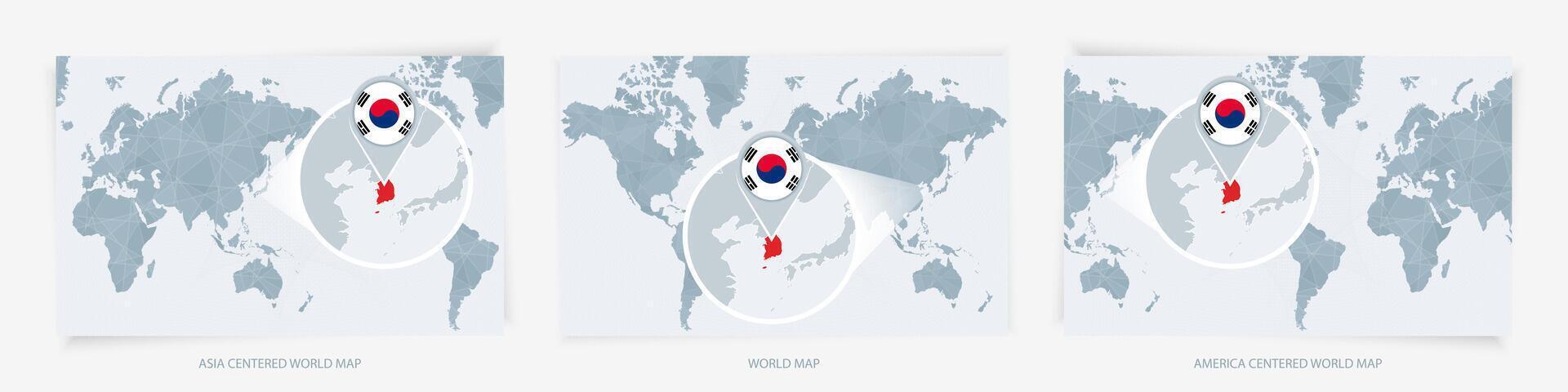 Three versions of the World Map with the enlarged map of South Korea with flag. vector