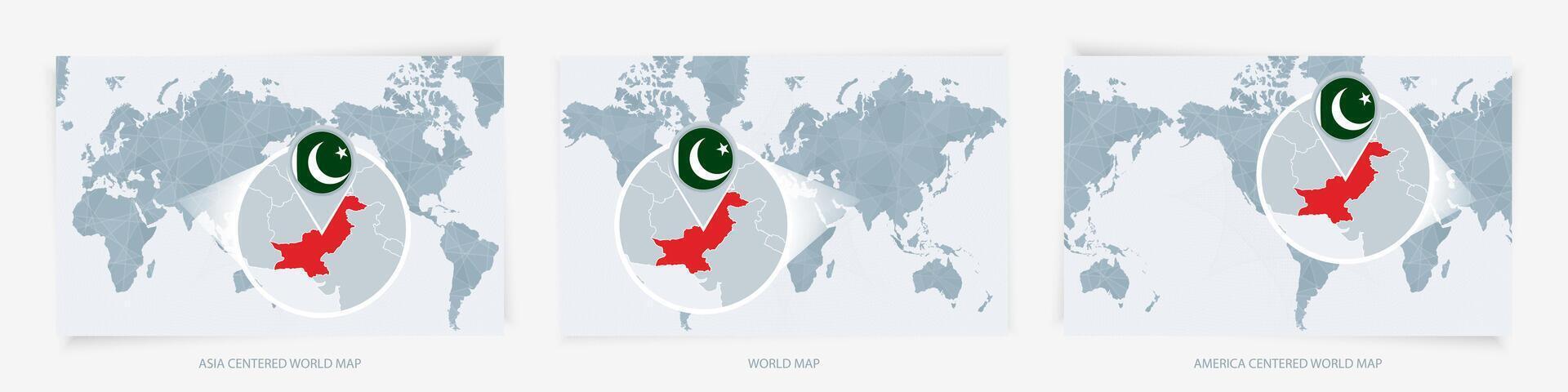 Three versions of the World Map with the enlarged map of Pakistan with flag. vector